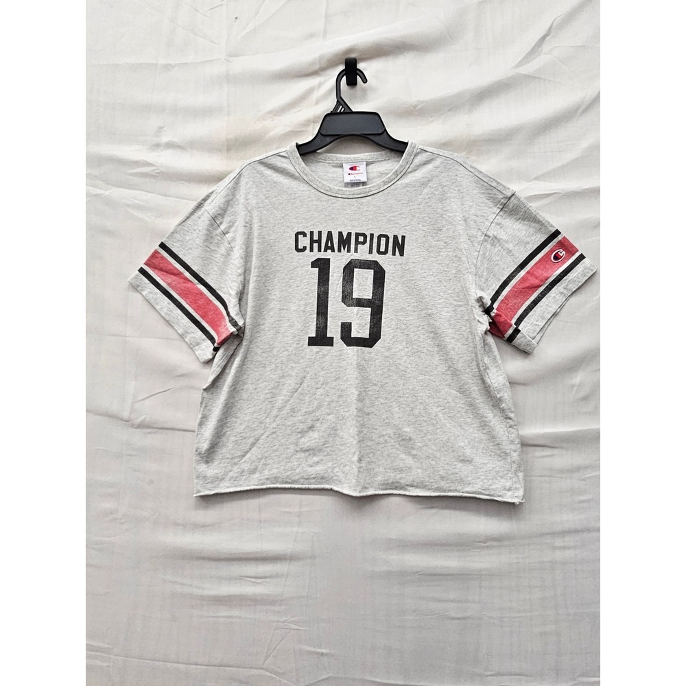 Champion Womens Distressed Cropped Graphic T-Shirt Gray Cotton Casual Size Large